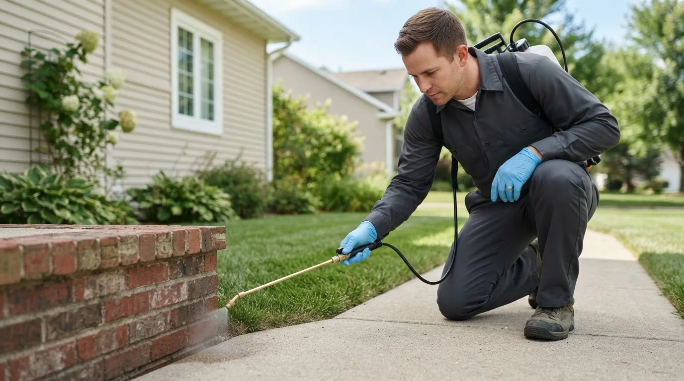 Pest control technician treating a home near Mattawamkeag, ME